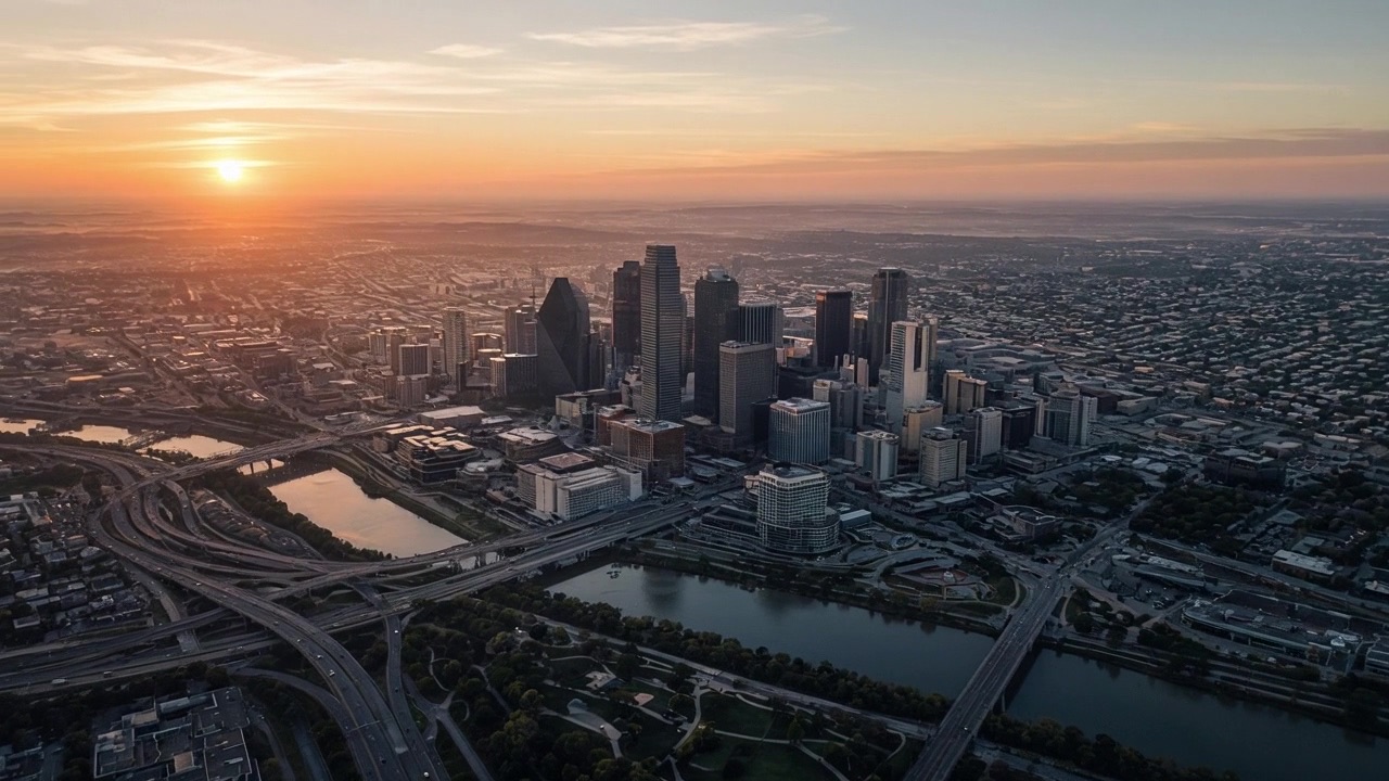 Aerial view of downtown Dallas at sunrise